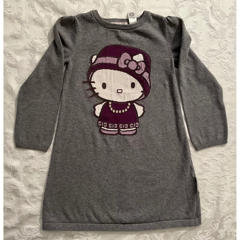 Hello Kitty H&M Girls‎ Dress Gray Purple Long Sleeve Knit Cartoon 4-6Y